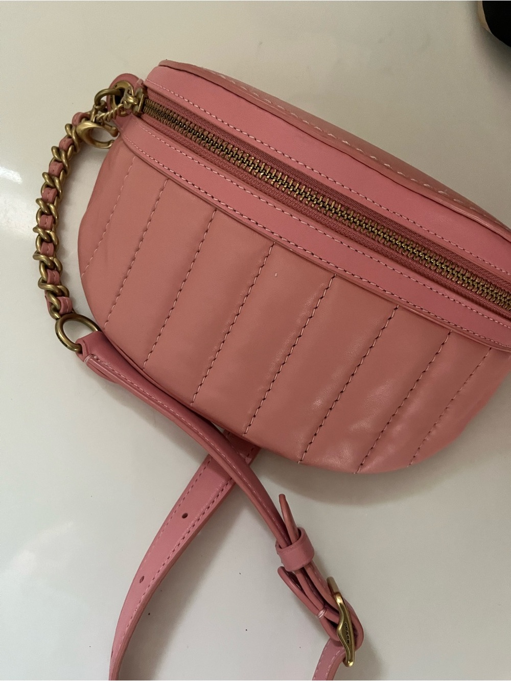 Coach Pink Quilted Mini Crossbody with Gold Chain
